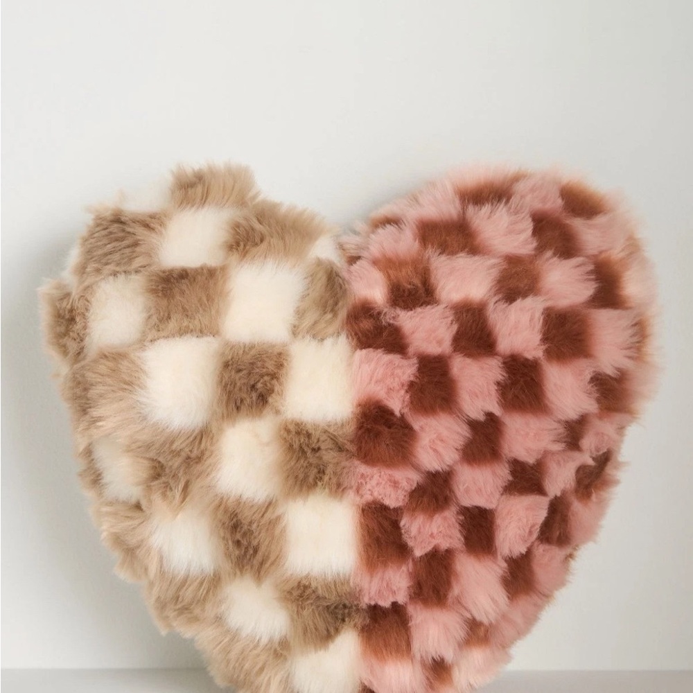 Anthropologie Checkered Heart Pillow in Blush Pink and Beige